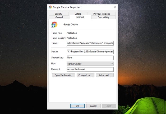Ярлык Google Chrome в режиме инкогнито на Windows