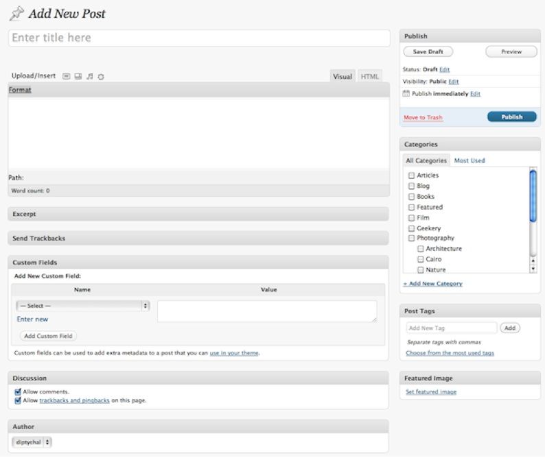 Панель управления WordPress с загрузкой изображений