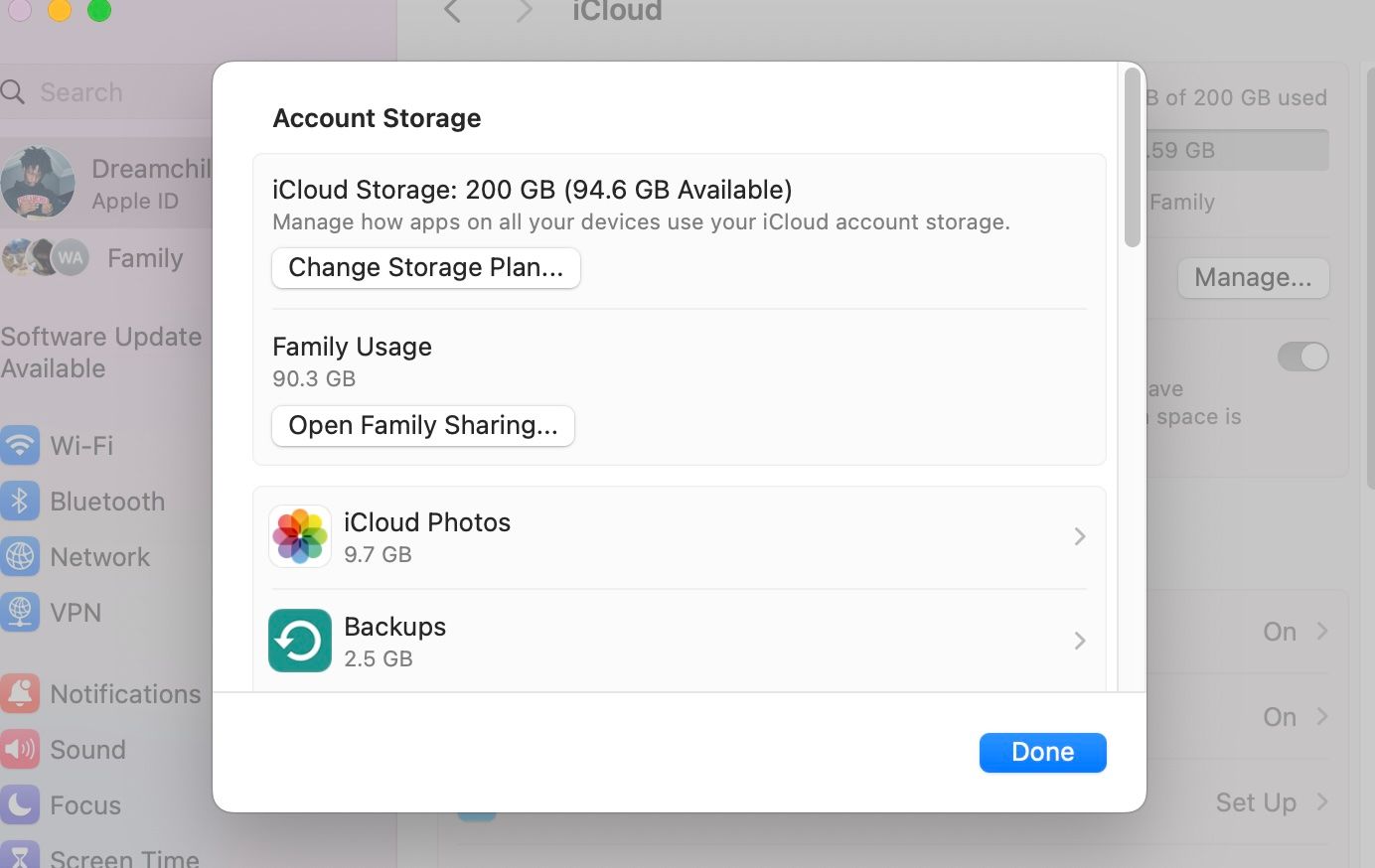 Окно управления хранилищем iCloud на macOS
