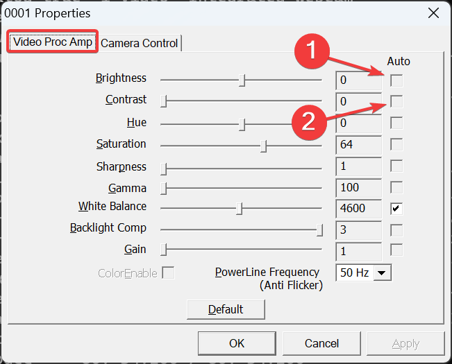 Вкладка Video Proc Amp с опцией Auto для яркости и контраста