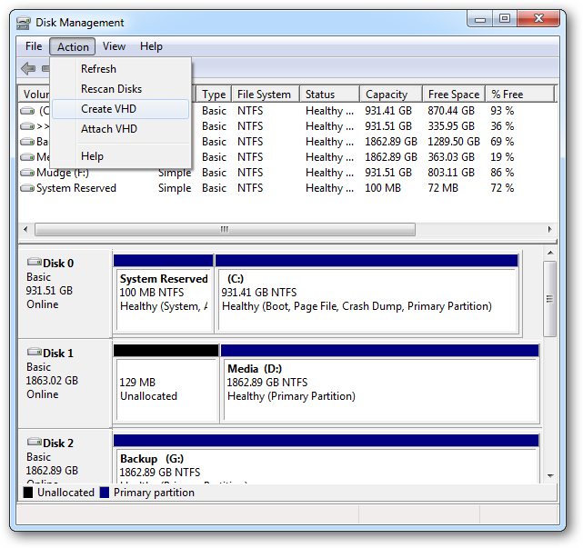 Диалог нового VHD: выбор пути, размера и типа (фиксированный/динамический)