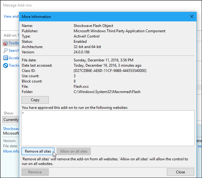 Список сайтов, разрешённых для Shockwave Flash, с кнопкой удаления всех сайтов