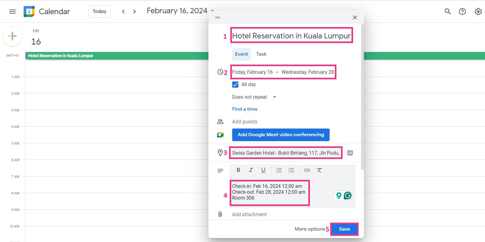 Ручное создание брони отеля в Google Календаре