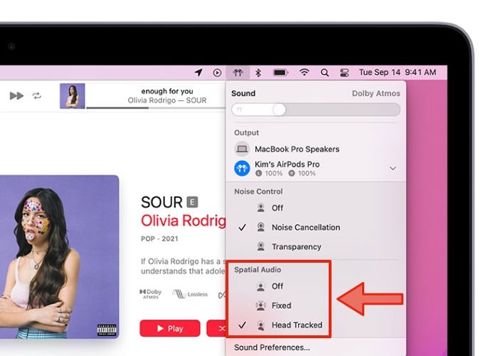 Окно настроек Spatial Audio на Mac с опциями Fixed и Head Tracked