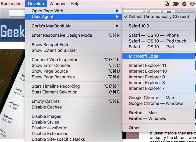 Меню Develop в Safari с выбором User Agent