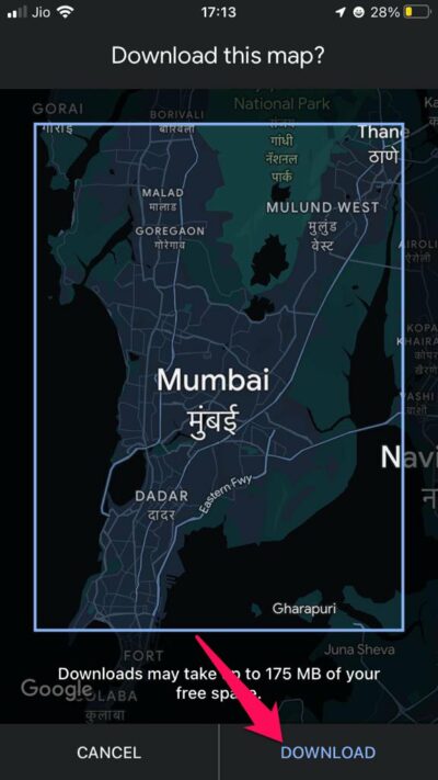 Выбор зоны для загрузки офлайн-карты в Google Maps