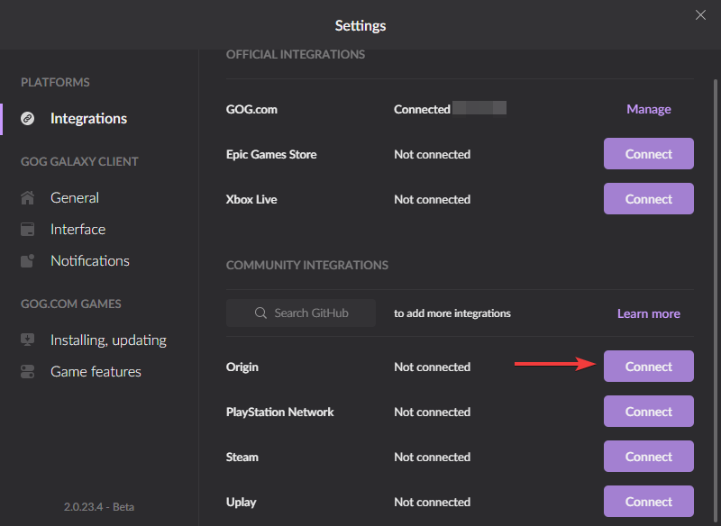 Список интеграций в GOG Galaxy с кнопкой Подключить