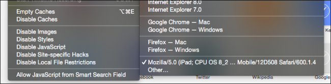Выбранный пользовательский User Agent в меню Разработка