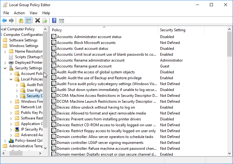 Ruta en el Editor de directivas de grupo hasta Security Options