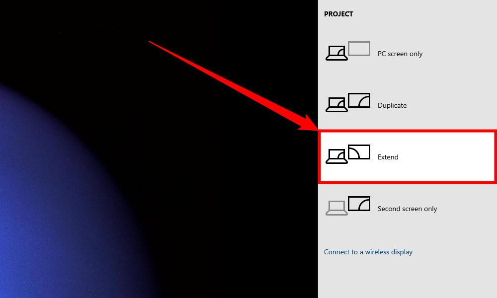 Меню выбора режима проецирования с опцией «Расширить»