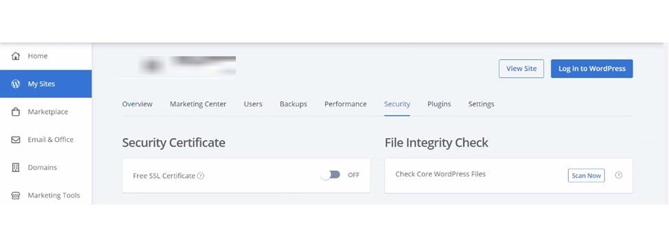 Переключатель сертификата безопасности в панели BlueHost
