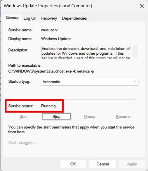 Служба Windows Update в списке служб