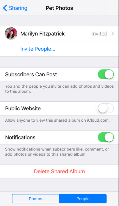 Параметры общего альбома: включение подписчиков и уведомлений