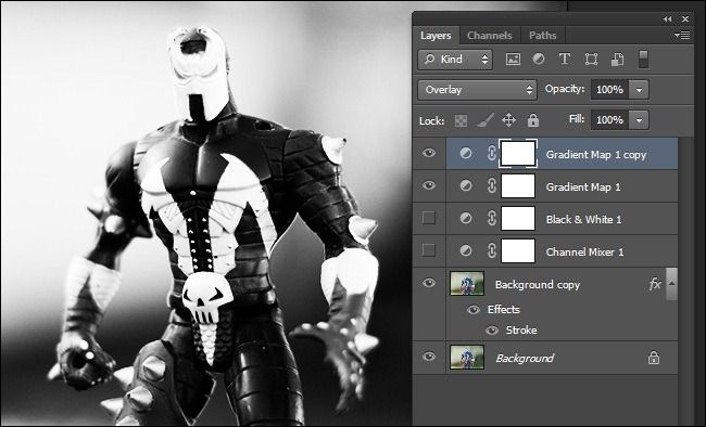 Эффект дублирования Gradient Map и применения режима Overlay — усиленный контраст и экспрессия