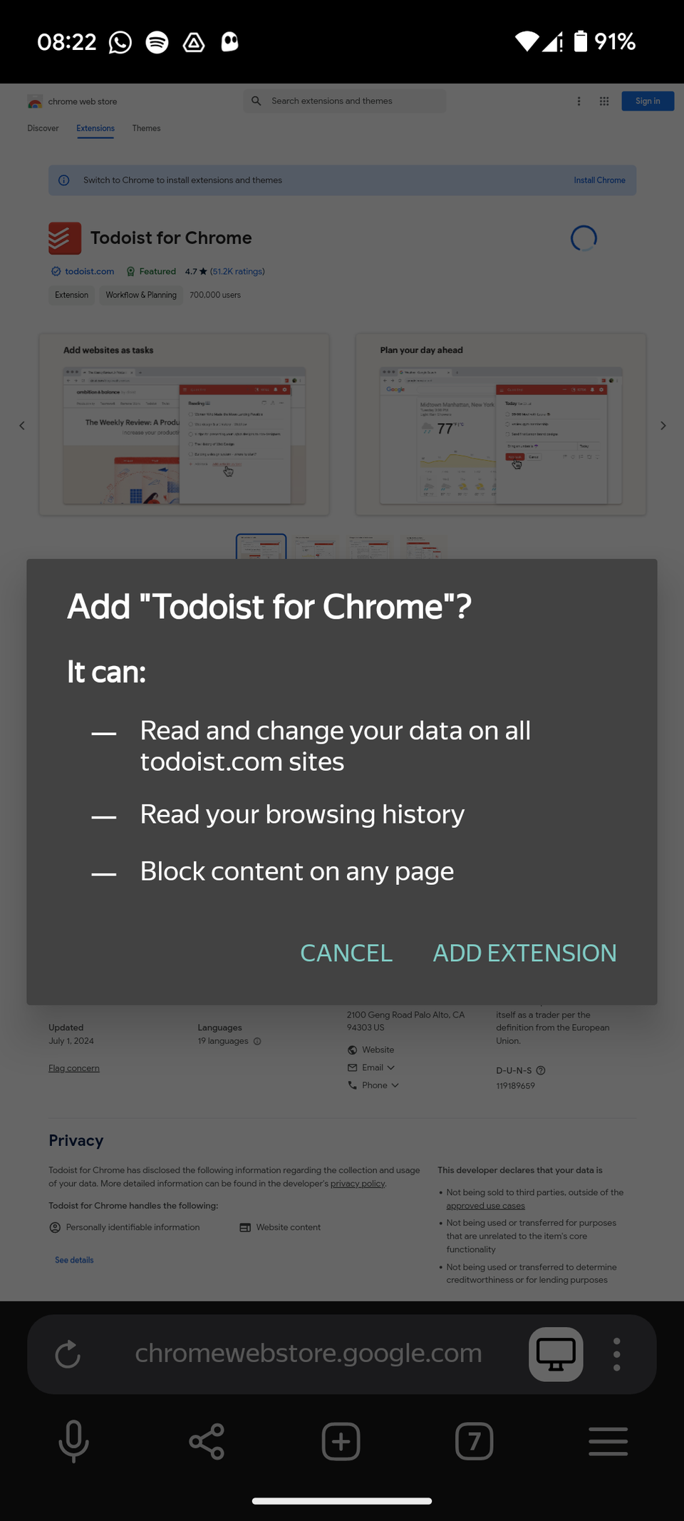 Установка Todoist в Yandex Browser на Android