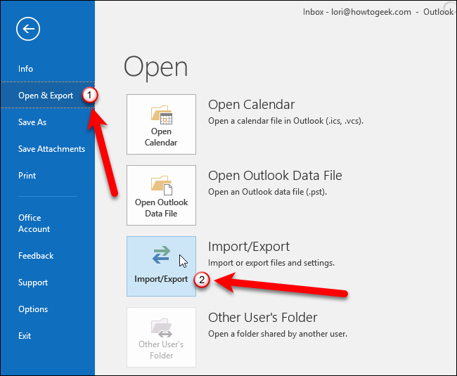 Переход к импорту и экспорту в Outlook для экспорта