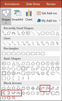 Различные варианты кривых стрелок в коллекции фигур