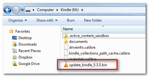 Корневой каталог Kindle в проводнике с файлом .bin