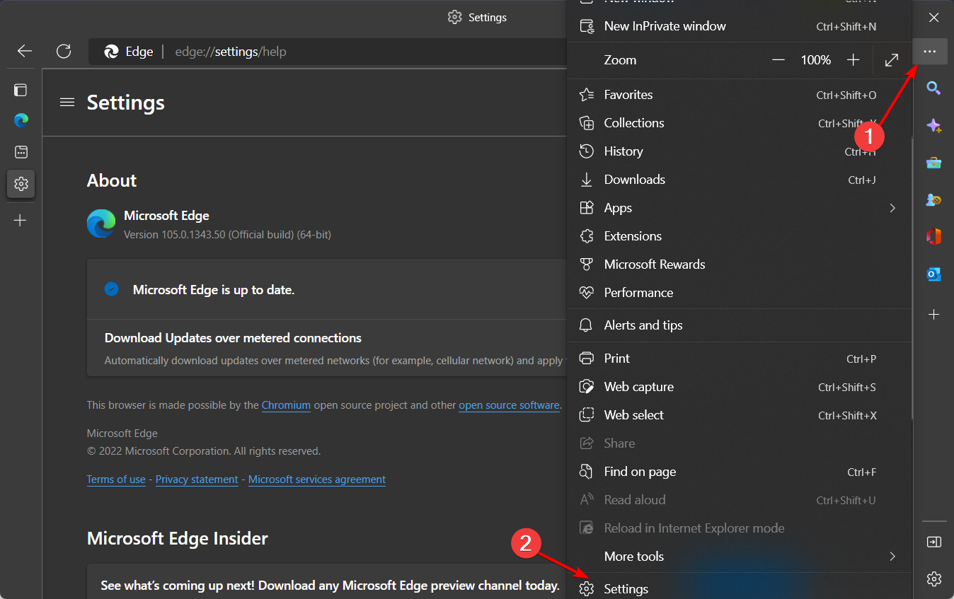 Скриншот: три точки меню Microsoft Edge и пункт «Параметры»