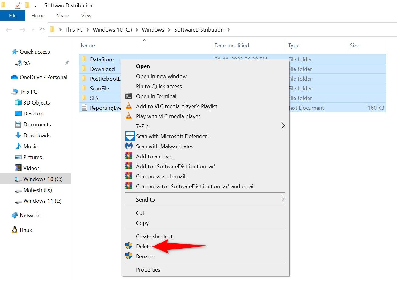 Пункт 'Удалить' в контекстном меню для файлов кэша Центра обновления Windows.