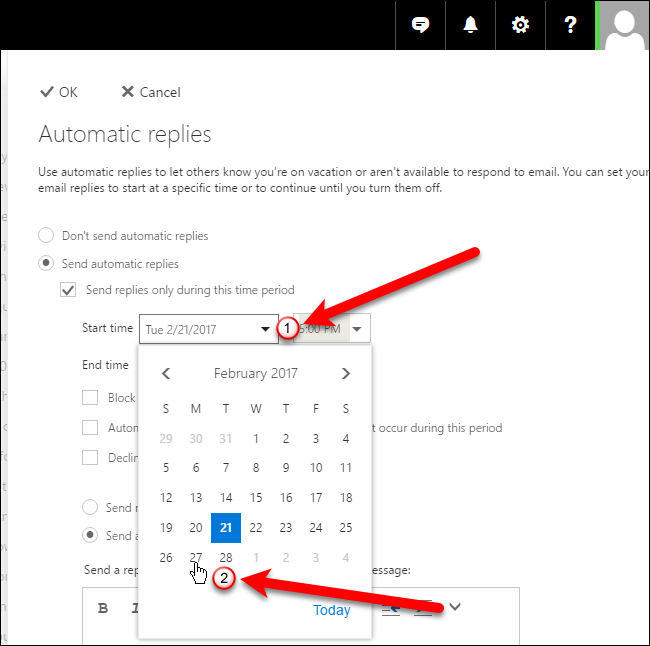 Выбор даты начала автоответа