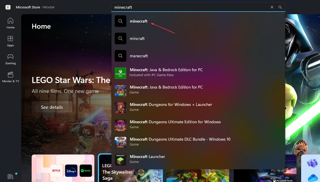 Поиск Minecraft в Microsoft Store