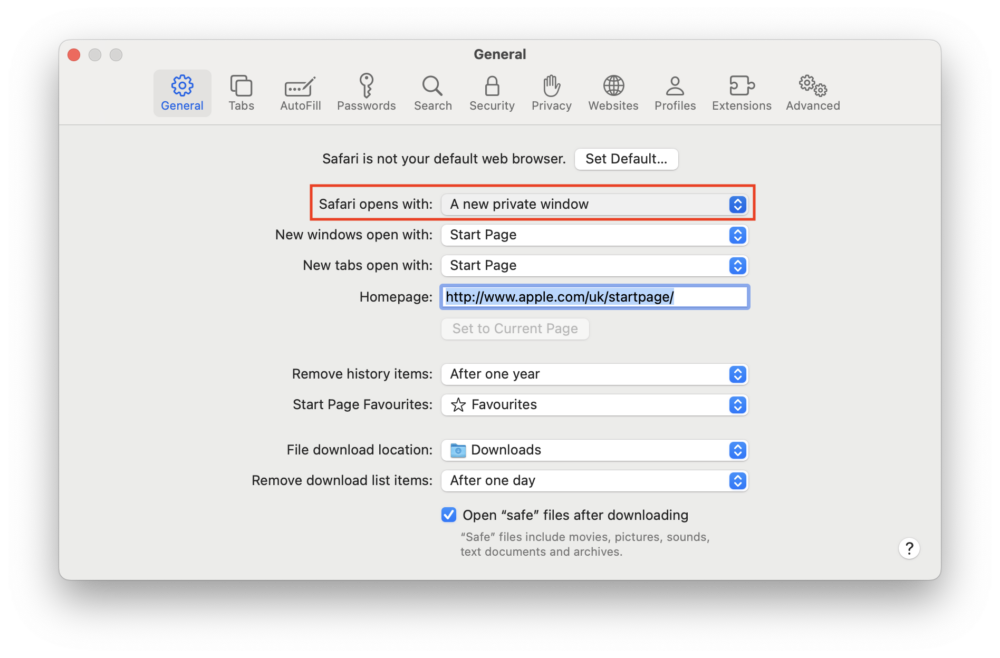 опция новое приватное окно
