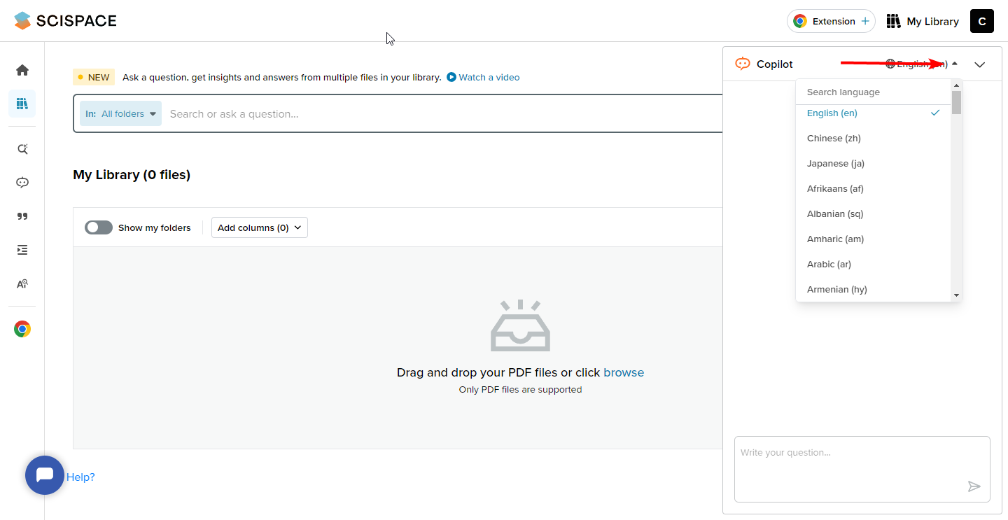 Меню выбора языка в настройках SciSpace Copilot