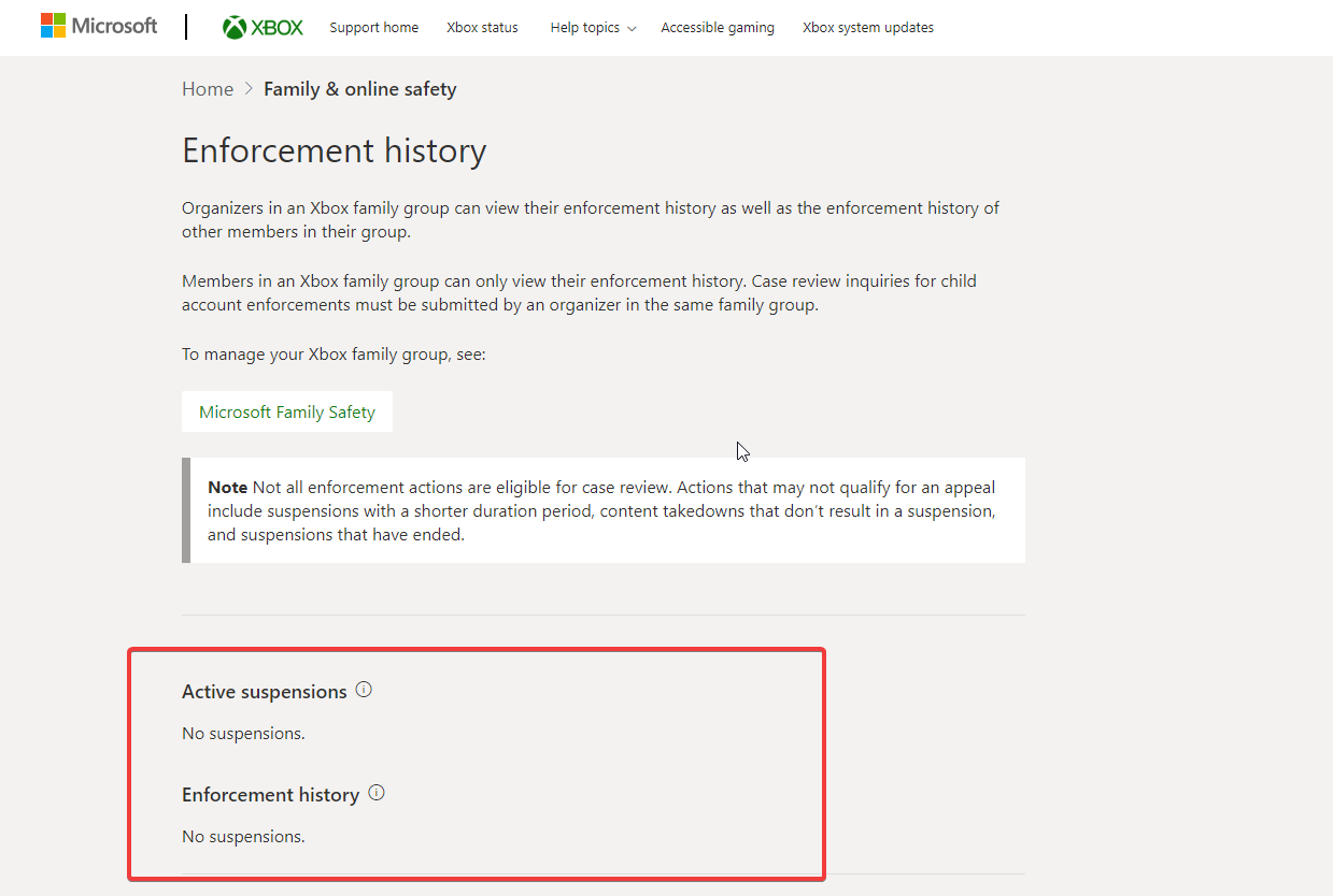 Экран с историей мер принуждения Xbox