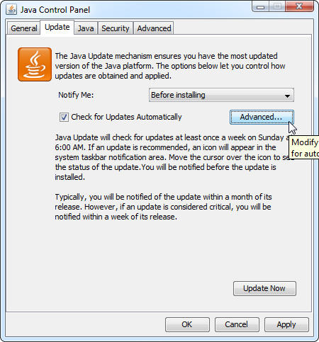 Панель обновлений Java — вкладка Обновление
