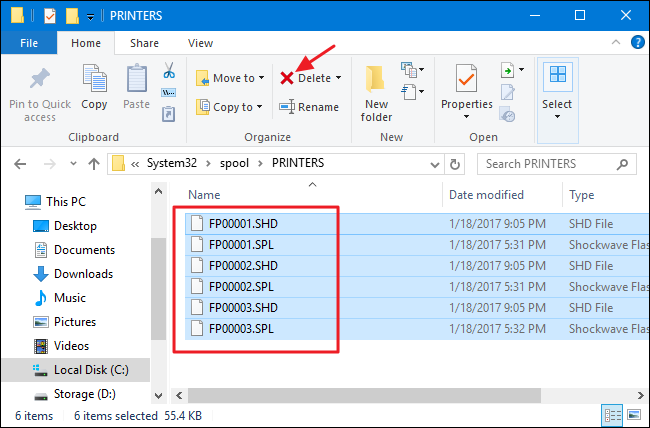 Удаление содержимого папки PRINTERS в Проводнике