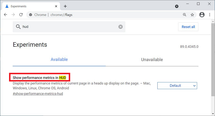 Флаг Show performance metrics in HUD в настройках экспериментов Chrome