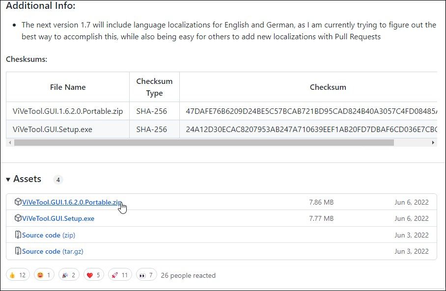 Страница загрузки ViVeTool GUI на GitHub