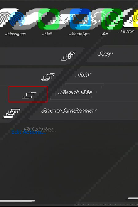 Выбор действия «Сохранить в Файлы» из меню iOS