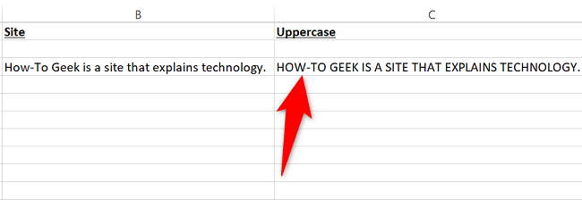 Результат преобразования в верхний регистр в Excel.