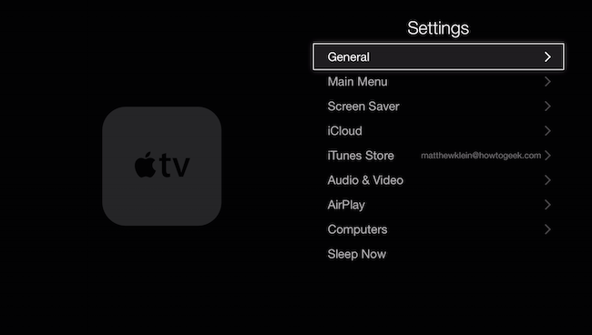Меню Общие на старой модели Apple TV