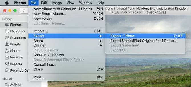 Опция «Export Photo» в приложении Фото на Mac