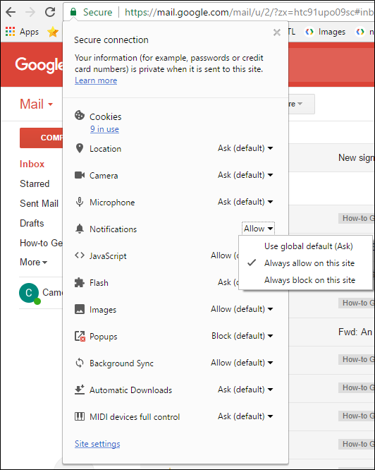 Скриншот: разрешение уведомлений в Chrome для Gmail, Priority Inbox