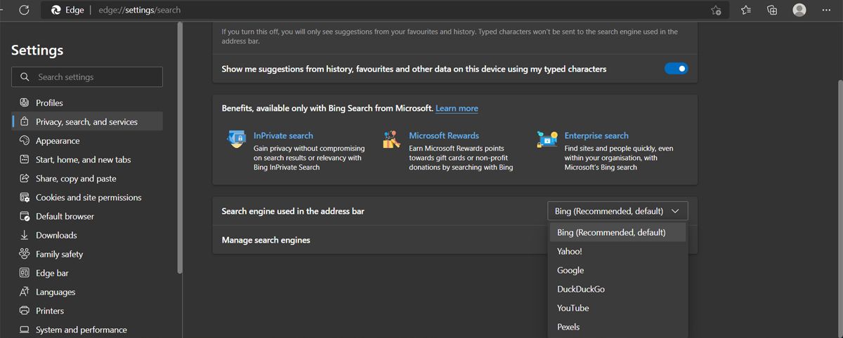 Настройка поисковой системы в Edge