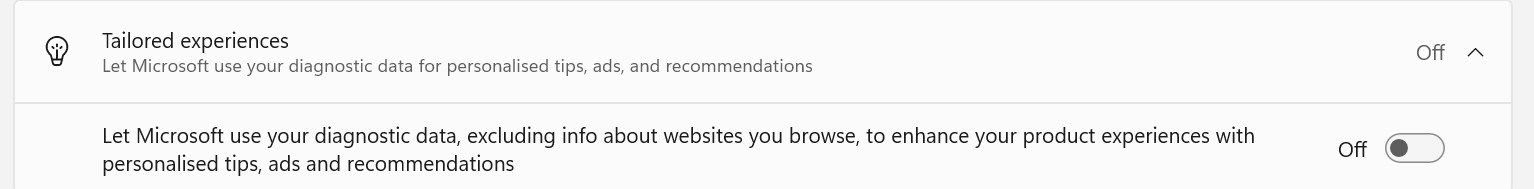 Отключение персонализированных рекомендаций в Параметрах Windows.