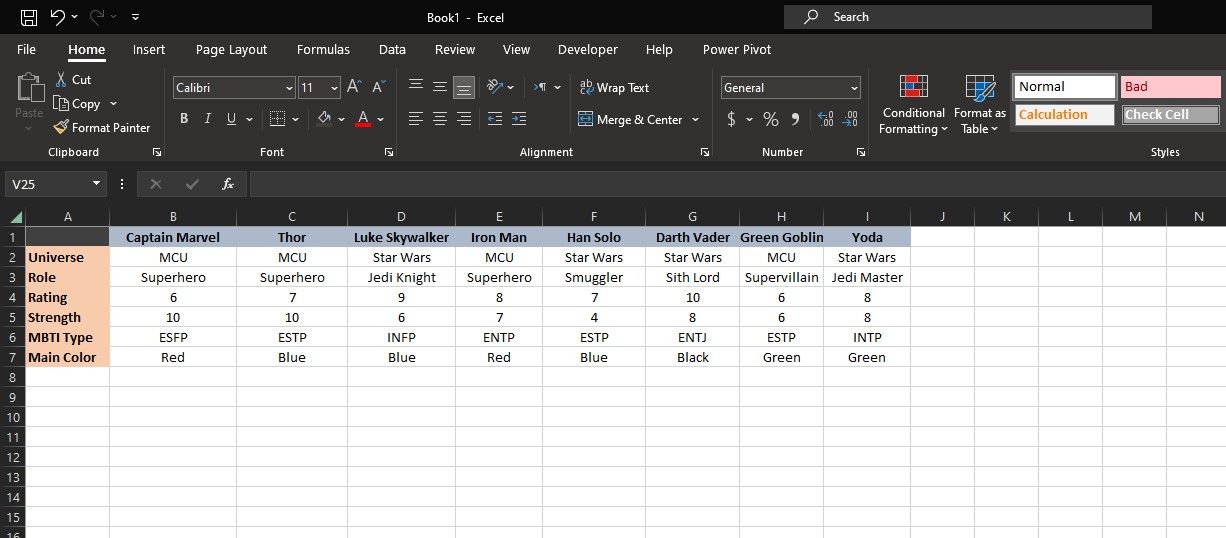 Пример таблицы Excel для выделения дубликатов