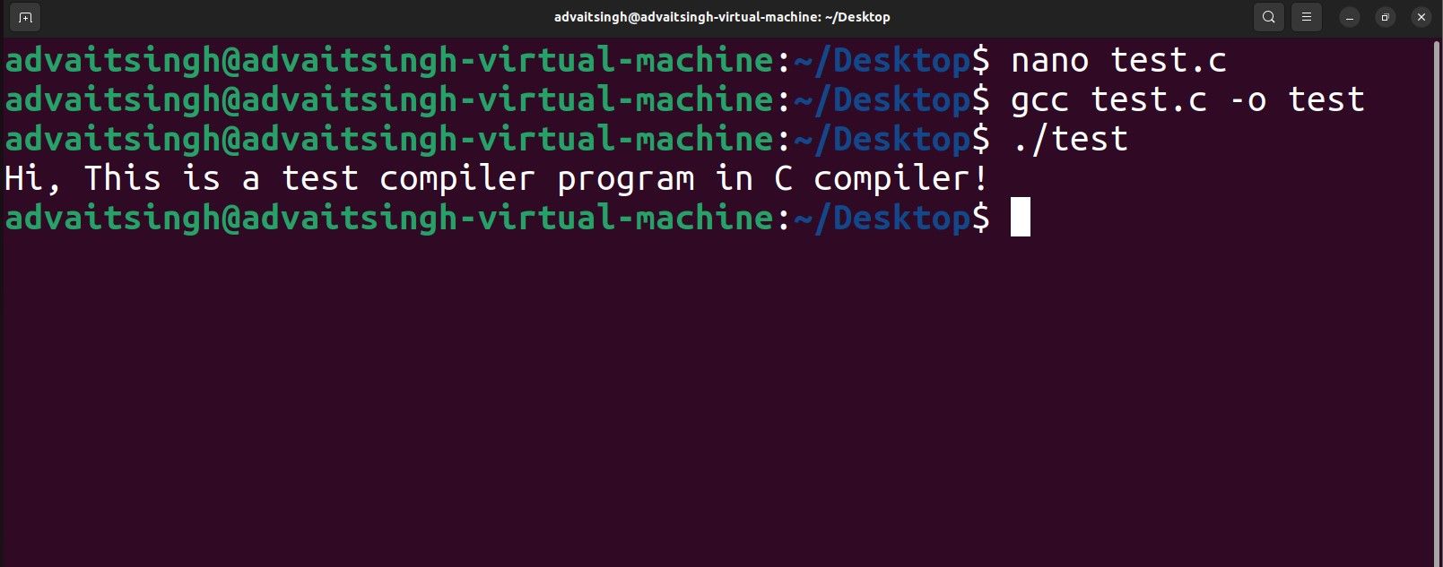 Вывод C-программы в терминале Ubuntu