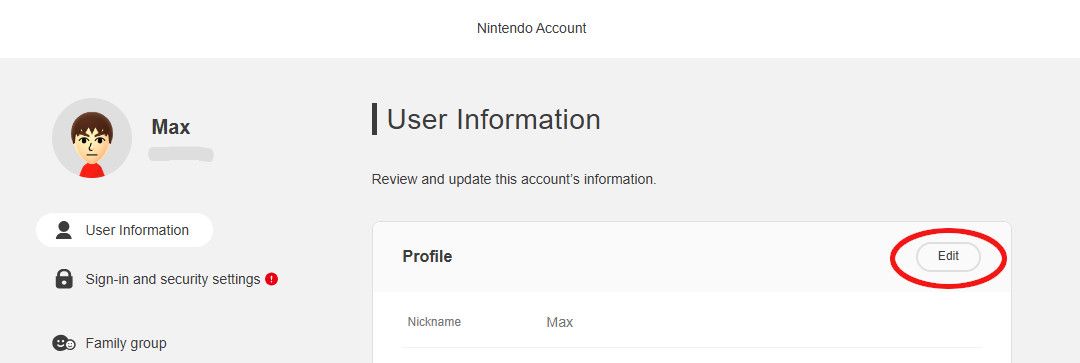 Страница информации пользователя на Nintendo Account с выделением кнопки редактирования.