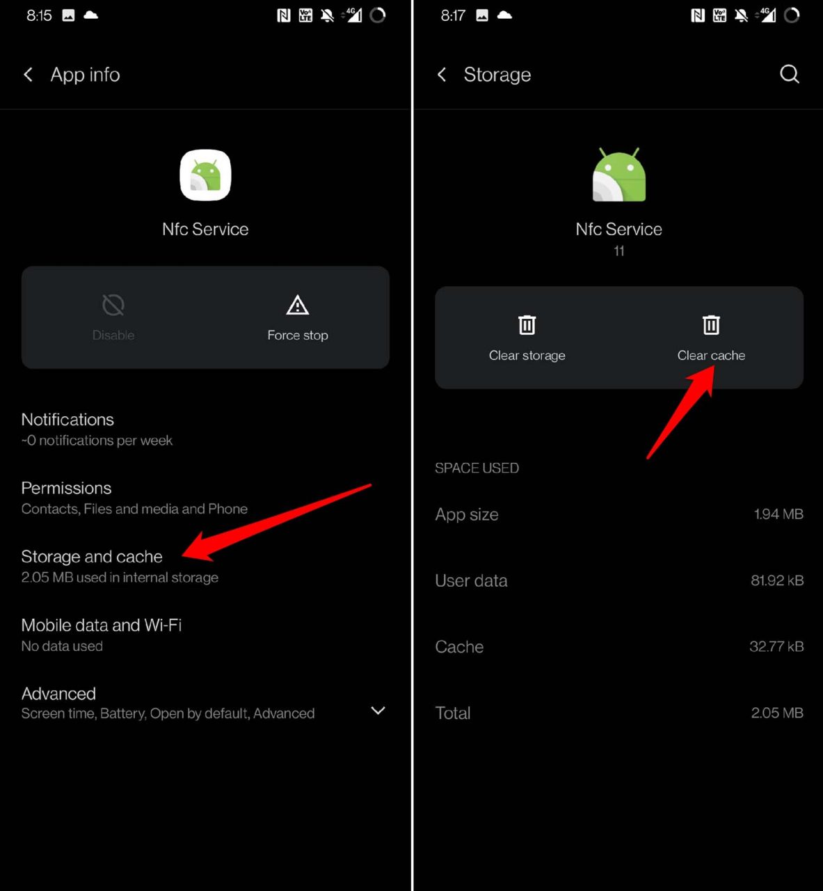 Опция очистки кеша службы NFC