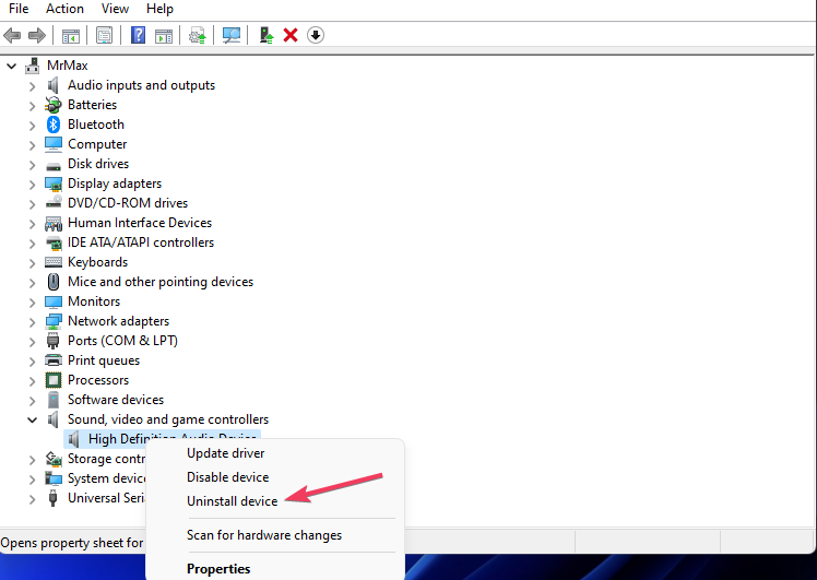 Контекстное меню «Удалить устройство» для звуковой карты