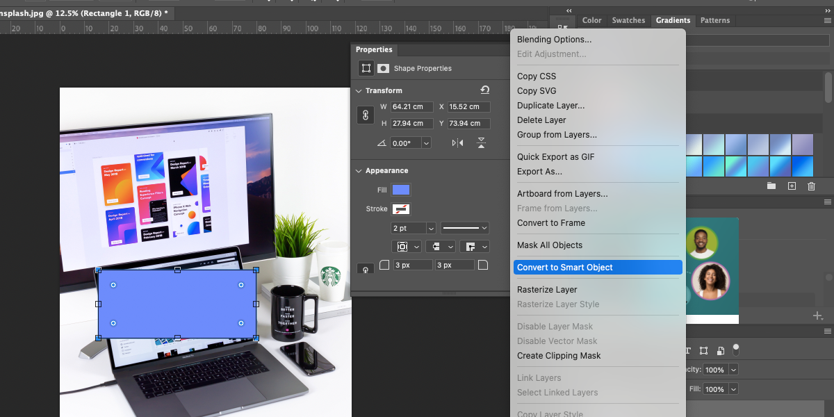 Скриншот Photoshop: создание прямоугольника для смарт-объекта.