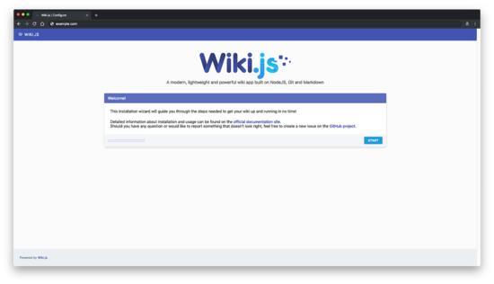 Экран приветствия мастера установки Wiki.js