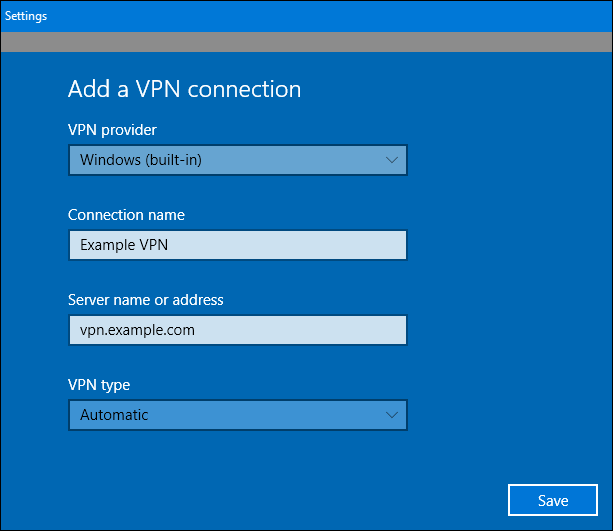 Диалог создания VPN‑подключения в клиенте Windows — введите адрес сервера и учётные данные