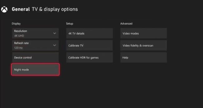 Экран настроек Xbox — режим «Ночь»