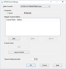 Настройка сетевого подключения сканера Epson (диалог добавления IP)